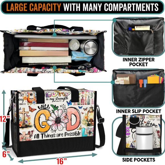 Large Aesthetic Tote with Versatile Pockets - Christian Faith Gift for Women - Picture 3 of 6